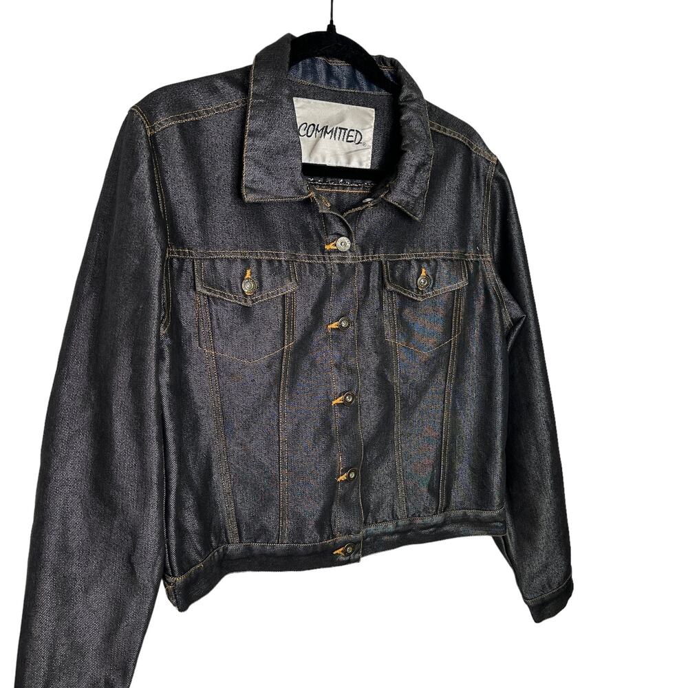Committed Cropped Metallic Coated Black Denim Jacket Size Large